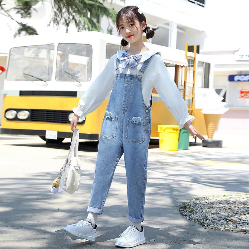 女童秋裝背帶褲套裝2023洋氣韓版兒童襯衫牛仔褲兩件套春秋季潮款