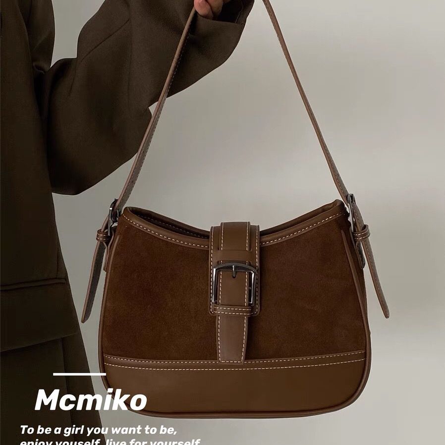 麥木可/MCMIK 秋冬百搭大衣神器咖啡拼色中古包原皮斜挎包腋下包