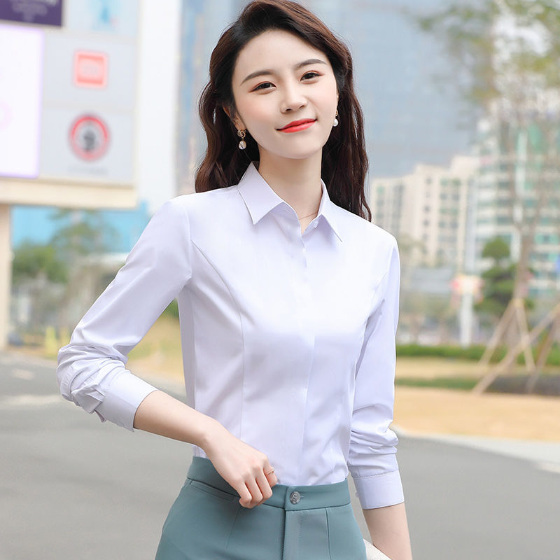 白色襯衫女長袖上衣職業面試正裝春秋季時尚百搭翻領棉襯衣工作服