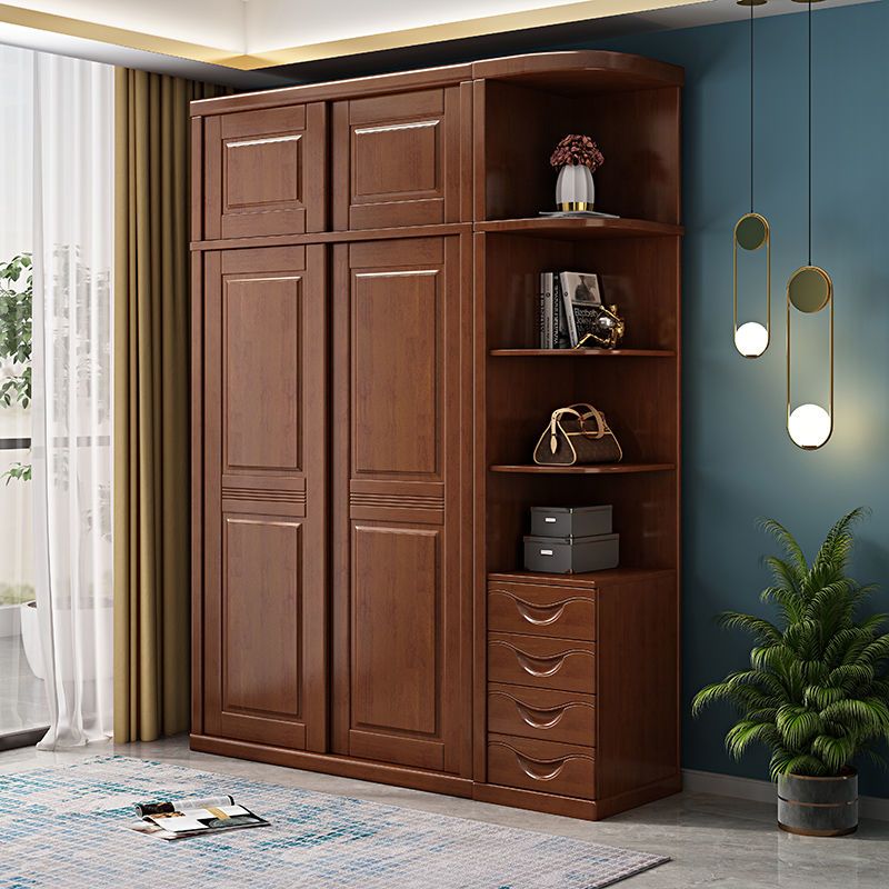 实木推拉门衣柜三门滑移卧室木质组装橡木现代中式原木整体大衣橱