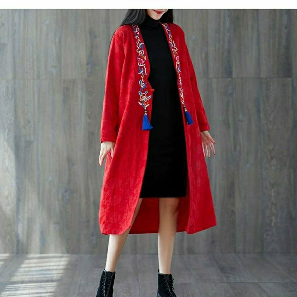 Ethnic style jacket mid-length retro cotton and linen embroidery windbreaker women's long-sleeved Chinese style autumn stand-up collar slim cardigan women