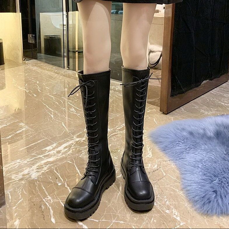 Knight boots flat boots women's  new autumn and winter high tube thick bottom black lace-up but knee boots trend