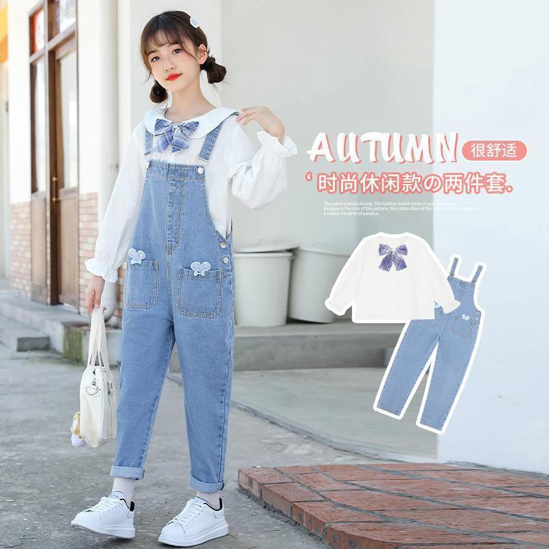 女童秋裝套裝2023新款潮洋氣兒童網紅春秋季大童牛仔背帶褲兩件套