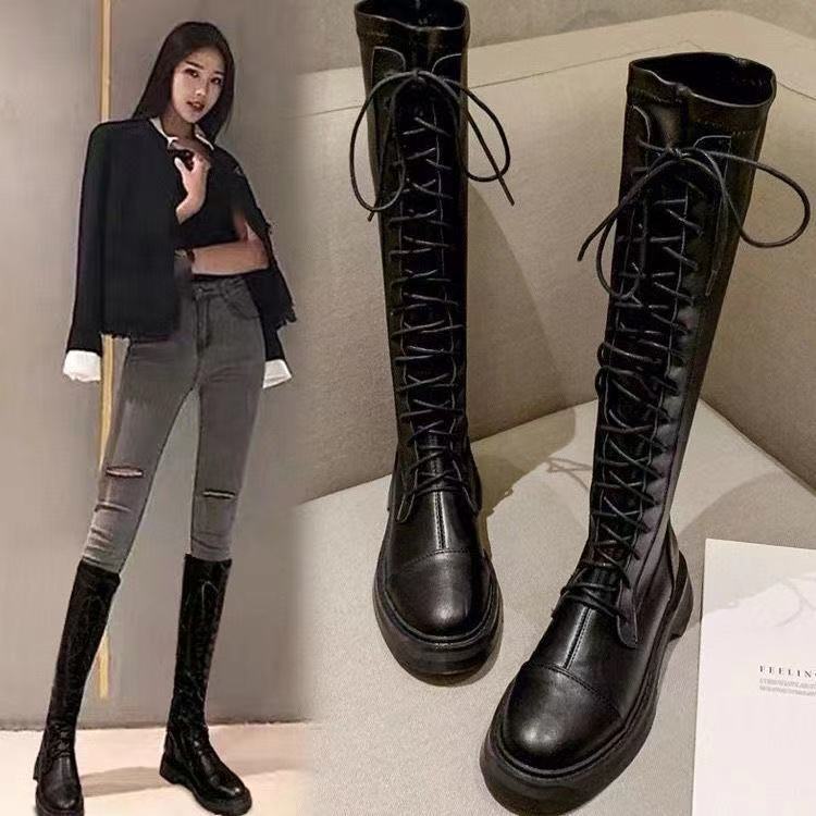 Knight boots flat boots women's  new autumn and winter high tube thick bottom black lace-up but knee boots trend