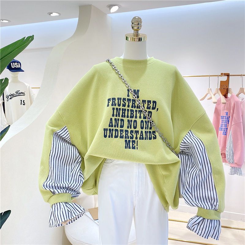 Sweater women's ins spring and autumn thin section 2021 new Korean style striped stitching fake two-piece loose large size long-sleeved jacket
