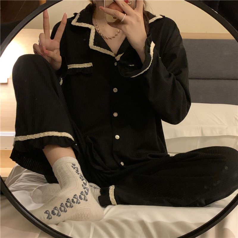 ins新款小香風睡衣女秋冬季長袖純色棉質公主風學生家居服套裝女