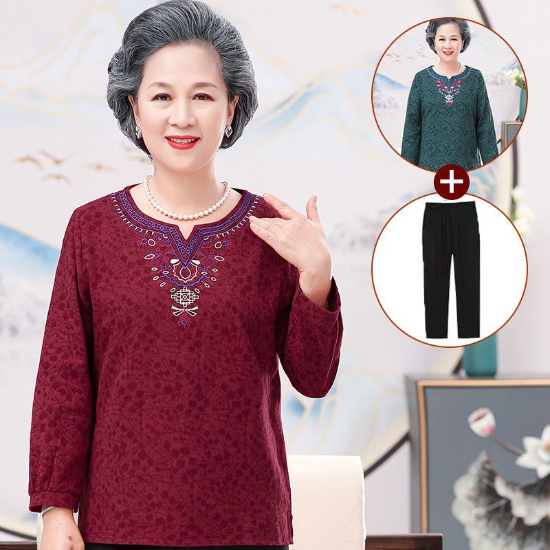 奶奶装春秋长袖t恤60-70岁中老年人秋装女上衣80老人妈妈套头小衫【3