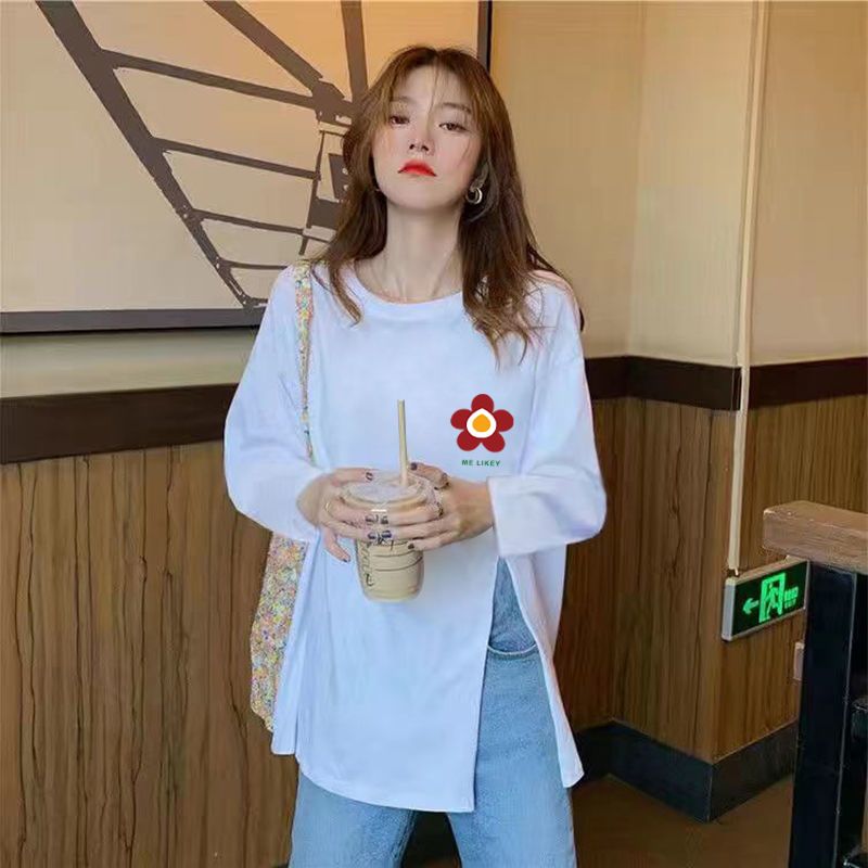 100% pure cotton irregular slit long-sleeved t-shirt women's early autumn new loose all-match mid-length ins bottoming shirt tide