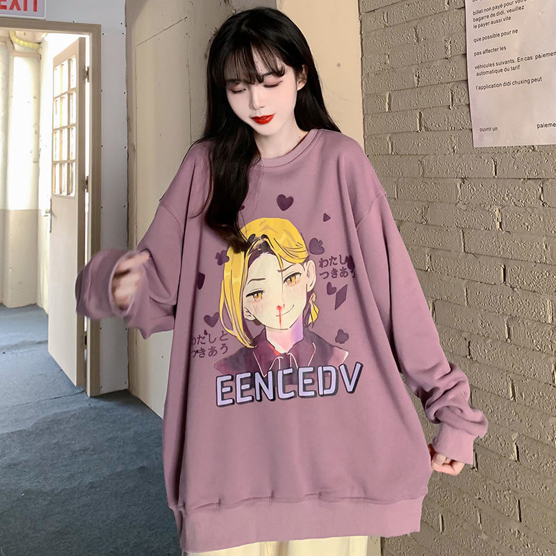 75796-美式圆领卫衣女秋季宽松潮ins慵懒风BF薄款日系卡通字母印花上衣【12天内发货】-详情图