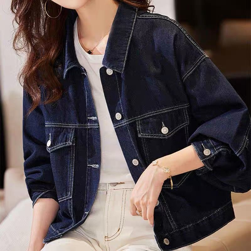 2022 spring and autumn new fashion Korean version all-match denim jacket lapel dark blue short casual loose jacket women