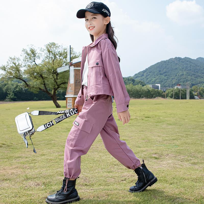 女童秋裝套裝2021新款洋氣春秋網紅中大兒童工裝運動服三件套時髦