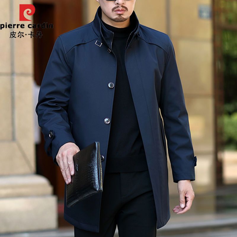 皮尔卡丹男士风衣中长款爸爸秋冬装外套加厚商务休闲中年大码上衣
