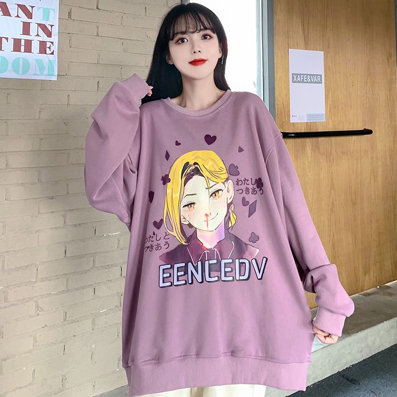75796-美式圆领卫衣女秋季宽松潮ins慵懒风BF薄款日系卡通字母印花上衣【12天内发货】-详情图