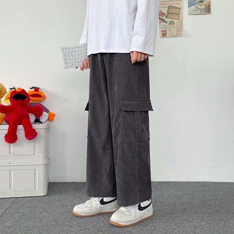 Falling wide-leg overalls men's Korean style trendy Japanese style large pockets loose casual nine-point pants straight men's pants