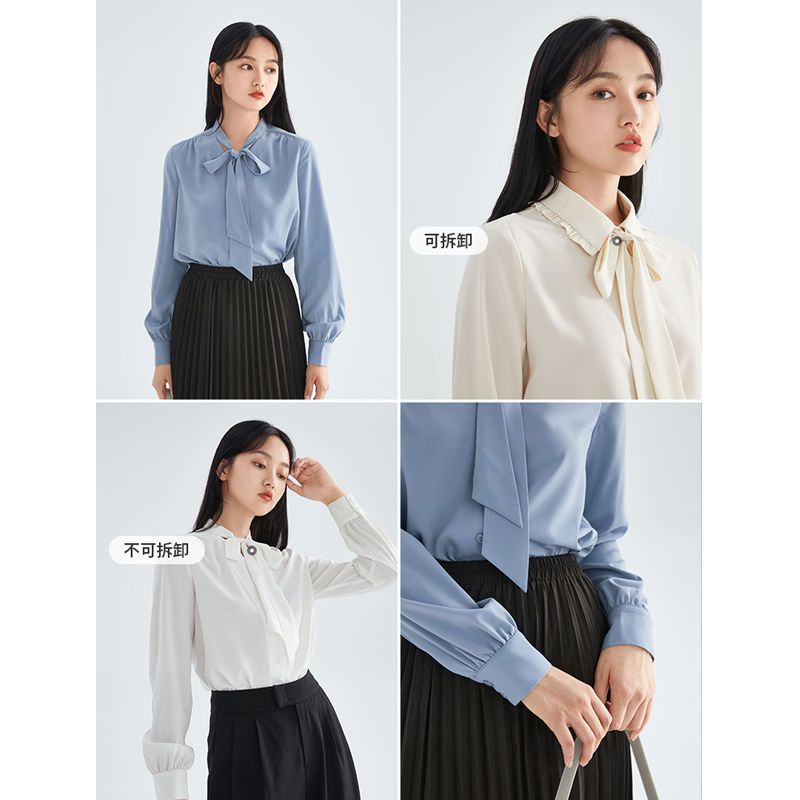 88793-茵曼早秋雪纺衬衫女长袖2021年新款立领绑带垂感优雅法式衬衣上衣-详情图