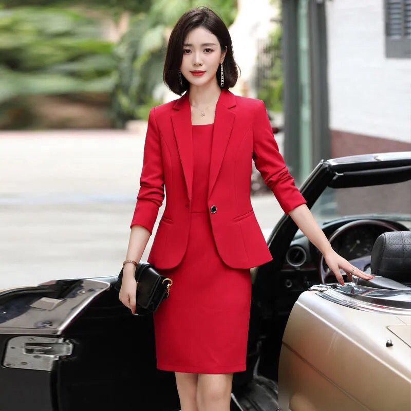 红色小西装女新款春秋气质时尚高端外套工作服西服长袖职业套装裙