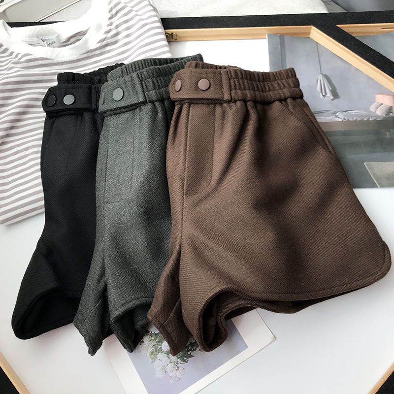Korean version of high waist self-cultivation college style woolen wide-leg shorts women's new fashion casual foreign style student woolen boots pants