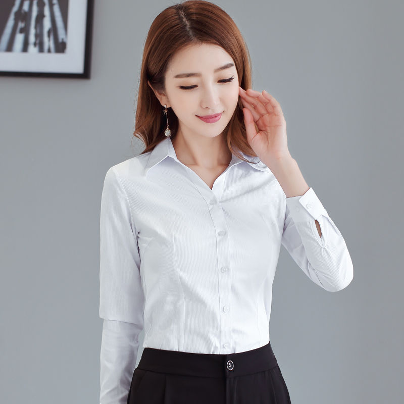 白衬衫女条纹V领修身工作服职业工装收腰提花大码韩版长袖白衬衣