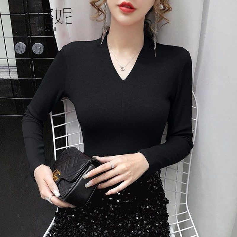 92棉秋裝女新款洋氣長袖ins上衣小眾女裝深V領內搭打底衫修身t恤