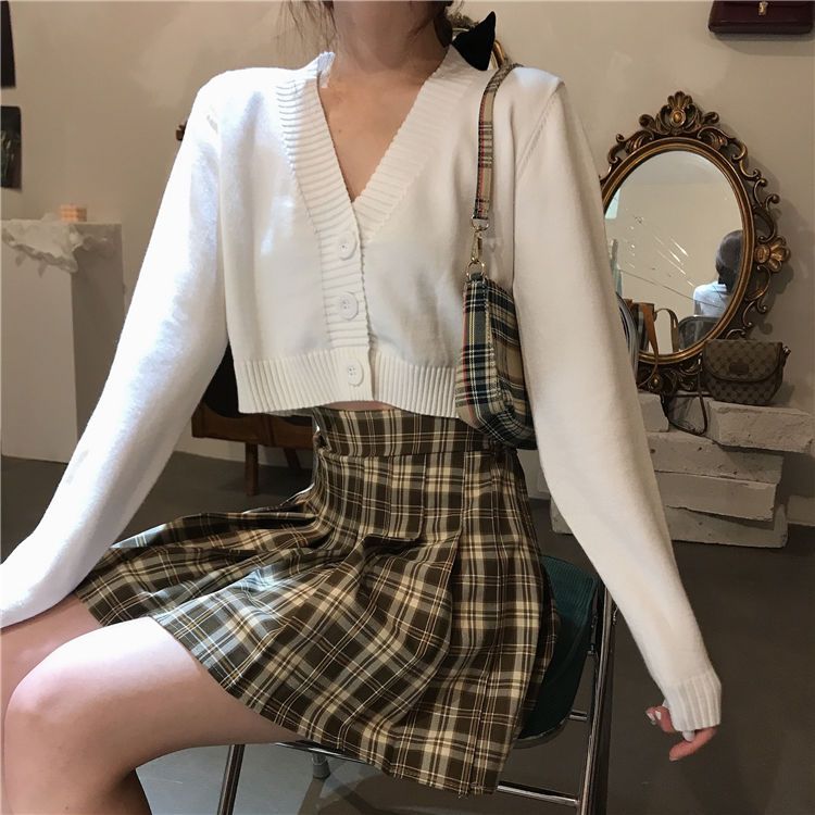 Autumn  new Korean-style and foreign-style temperament V-neck short knitted jacket women's all-match cropped navel long-sleeved top