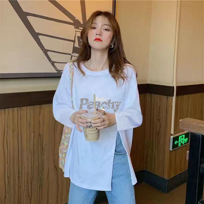 100% pure cotton irregular slit long-sleeved t-shirt women's early autumn new loose and versatile mid-length bottoming shirt top