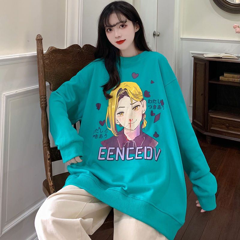75796-美式圆领卫衣女秋季宽松潮ins慵懒风BF薄款日系卡通字母印花上衣【12天内发货】-详情图