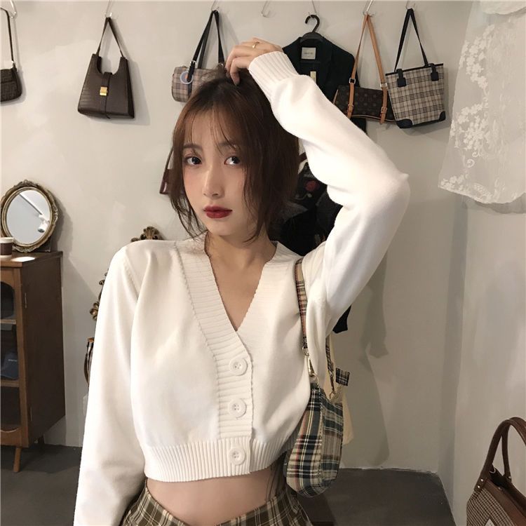 Autumn  new Korean-style and foreign-style temperament V-neck short knitted jacket women's all-match cropped navel long-sleeved top