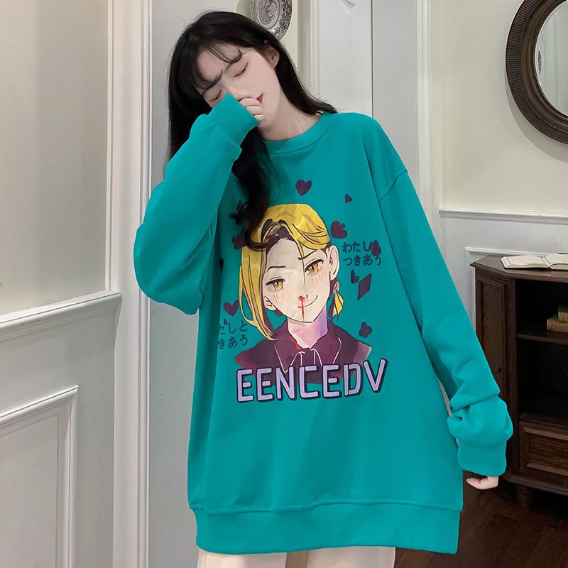 75796-美式圆领卫衣女秋季宽松潮ins慵懒风BF薄款日系卡通字母印花上衣【12天内发货】-详情图