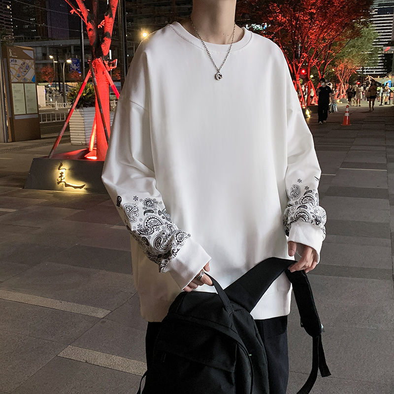 Cashew flower men's sweater ins trend Hong Kong style round neck long-sleeved bottoming shirt spring and autumn loose early autumn sweater men