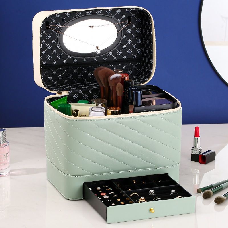 韩国斜格大容量化妆包ins高级感多功能口红首饰收纳盒便携手提箱