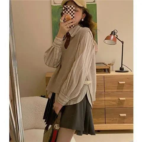 Retro Hong Kong style shirt female design sense niche early spring  new college style all-match striped long-sleeved top