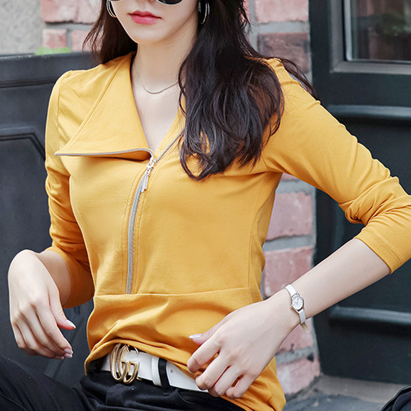 Diagonal zipper pure cotton half-high collar slim bottoming shirt women foreign style autumn and winter new long-sleeved T-shirt all-match outerwear tops