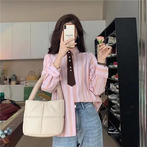 Retro Hong Kong style shirt female design sense niche early spring  new college style all-match striped long-sleeved top