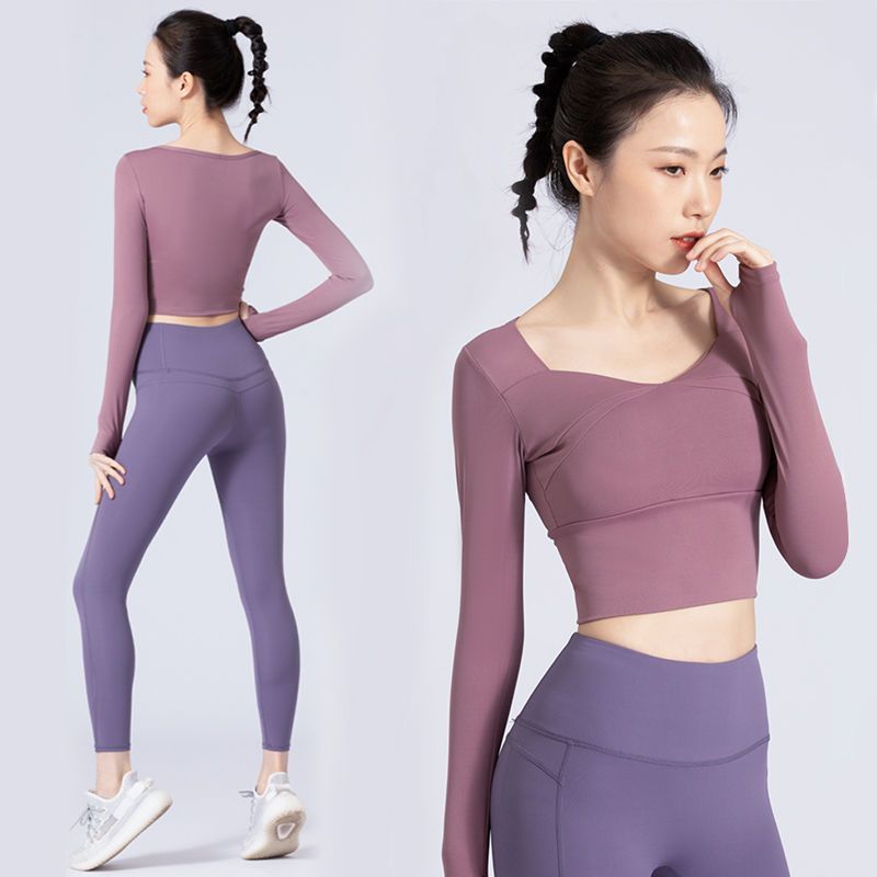 瑜伽服套裝女帶胸墊春夏季新款專業跑步運動速幹上衣長袖健身服女