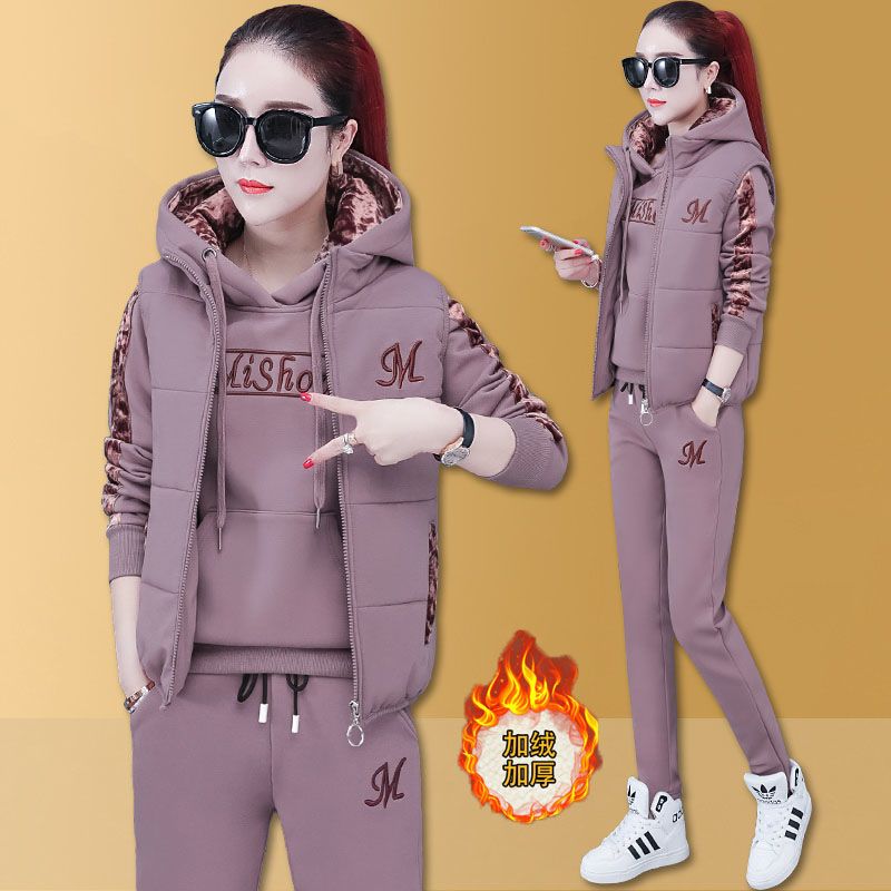 单/套装运动服套装女冬季加绒卫衣三件套保暖御寒加厚名牌休闲装【2月