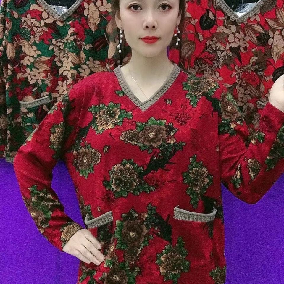 v领牡丹花双兜衫针织领针织底边妈妈衫网红爆款花衫