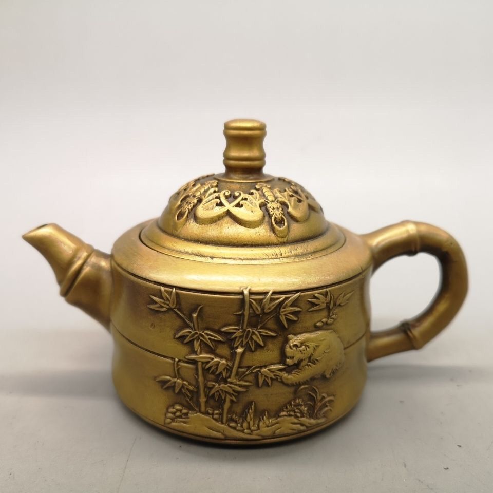 黄铜茶壶  竹报平安壶,国宝熊猫图案高浮雕工艺,黄铜仿古150毫升