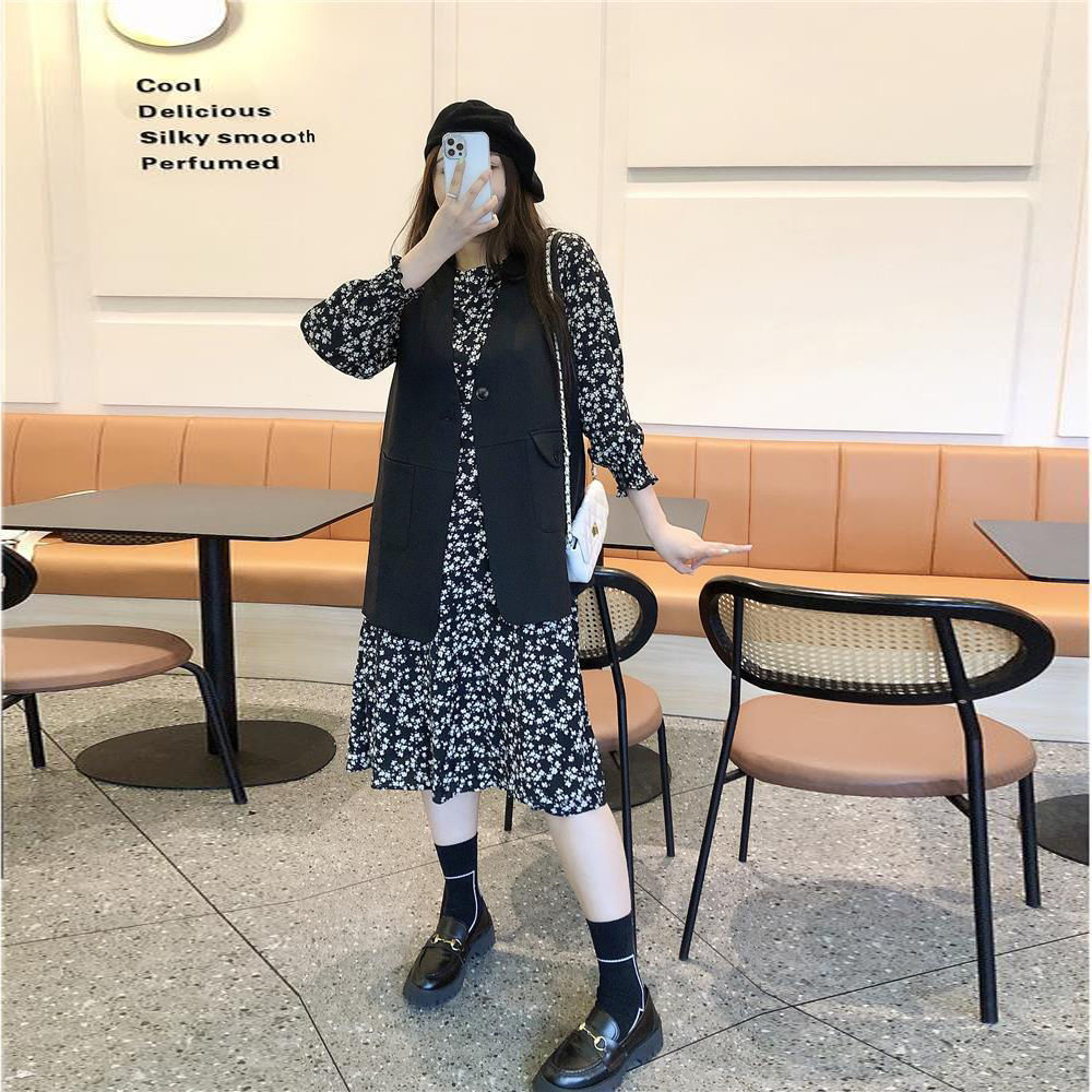 Plus-size women's clothing early autumn women's clothing covering the meat mid-length vest + floral dress Korean suit fat mm two-piece set