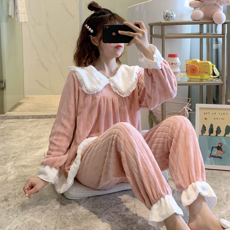 Autumn and winter new coral fleece pajamas women plus velvet thick net red ins student cardigan warm home service winter