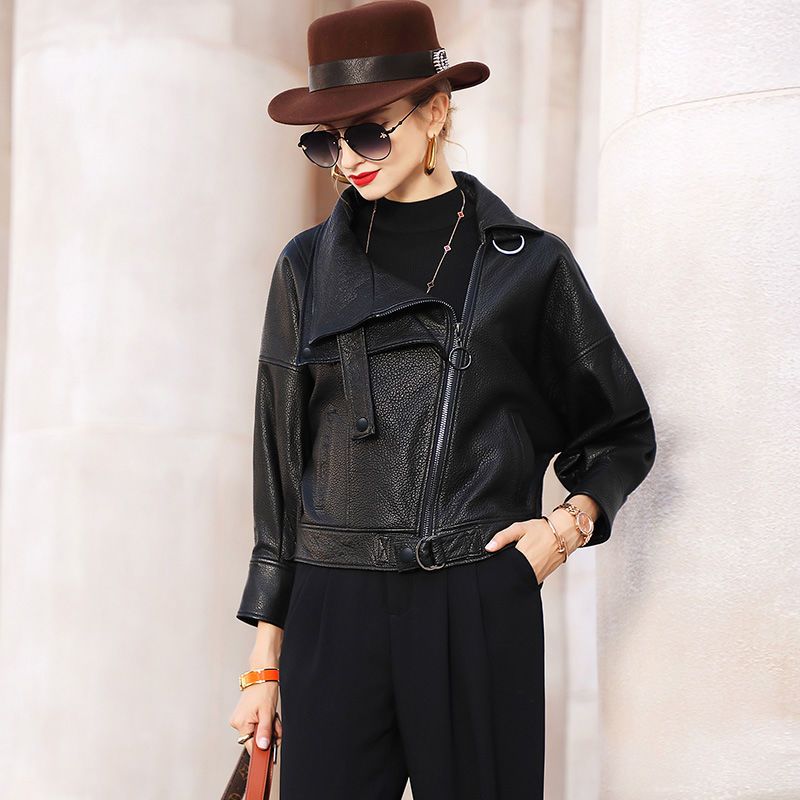 Leather women's  new autumn loose Korean style Hepburn style foreign style large size motorcycle jacket casual versatile coat
