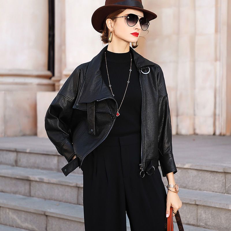 Leather women's  new autumn loose Korean style Hepburn style foreign style large size motorcycle jacket casual versatile coat