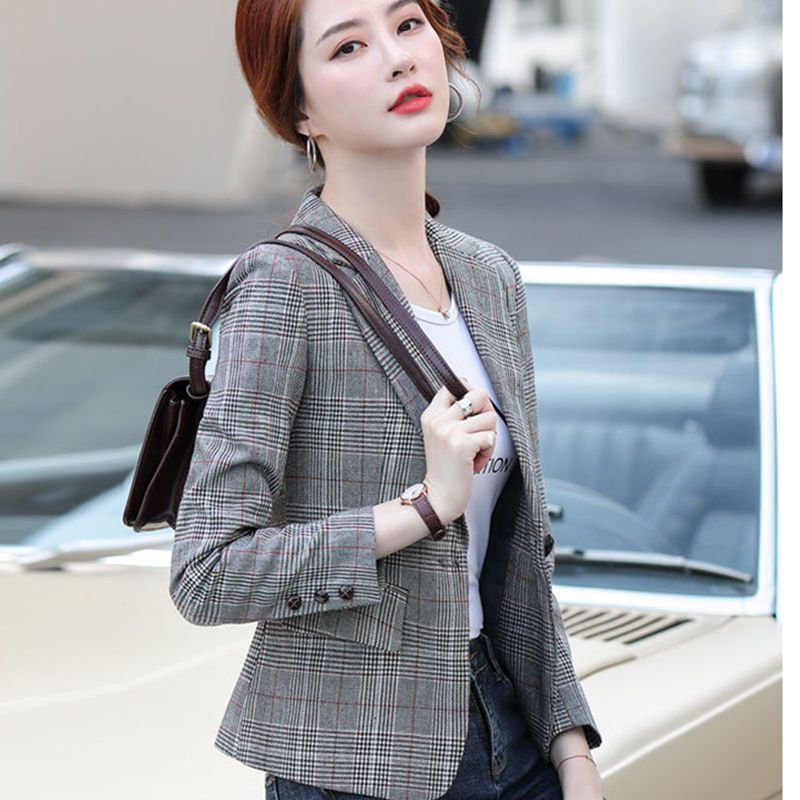 Gray plaid suit jacket female spring and autumn 2023 new small man short temperament self-cultivation casual suit jacket