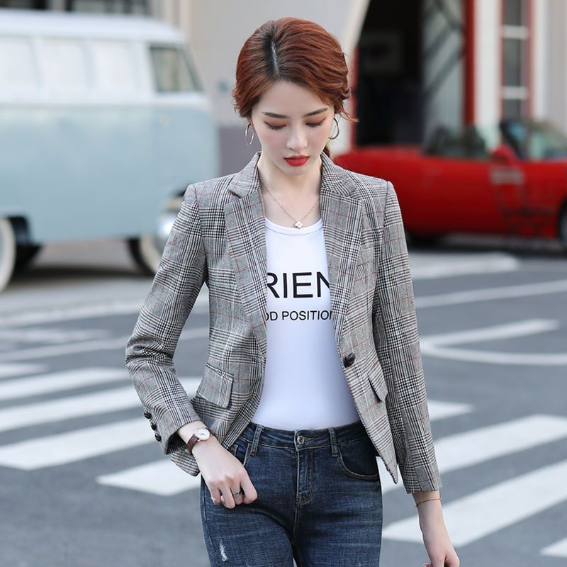 Gray plaid suit jacket female spring and autumn 2023 new small man short temperament self-cultivation casual suit jacket