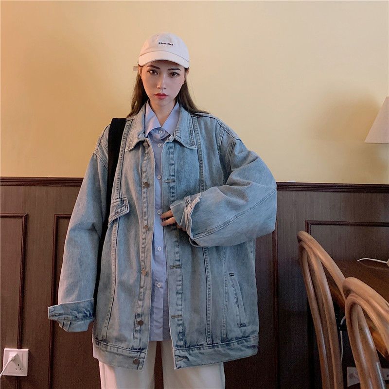 2-300 catties Hong Kong style retro denim jacket women's trendy ins autumn fat mm extra large size Korean version loose tooling top