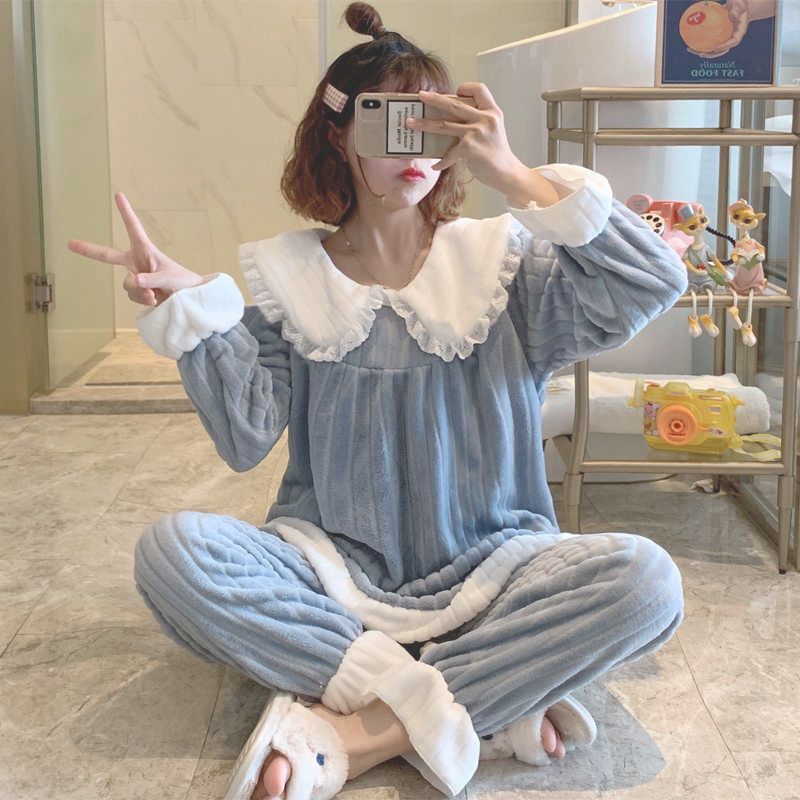 Autumn and winter new coral fleece pajamas women plus velvet thick net red ins student cardigan warm home service winter