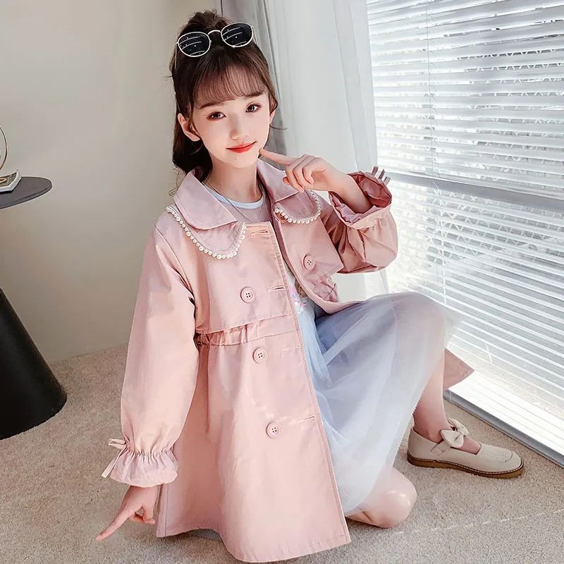 Girls spring and autumn windbreaker coat 2022 new mid-length foreign style big children princess pink winter clothes for children