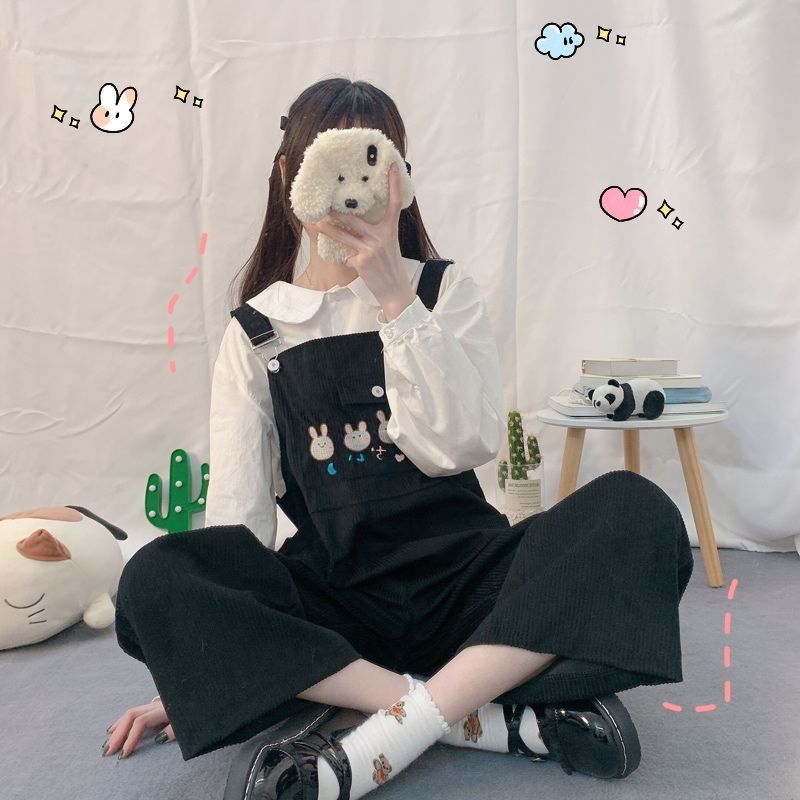 Rabbit Japanese cute corduroy overalls female students Korean spring and autumn trousers one-piece suspenders straight wide-leg pants