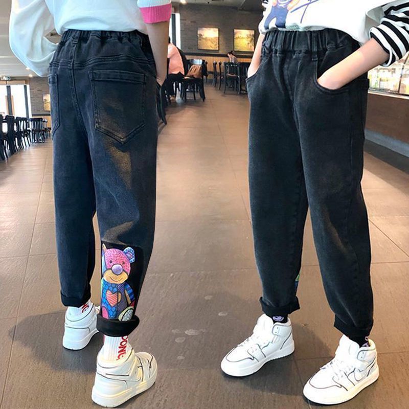 Girls' jeans autumn and winter new middle and big children's casual children's fleece trousers students loose foreign style pants