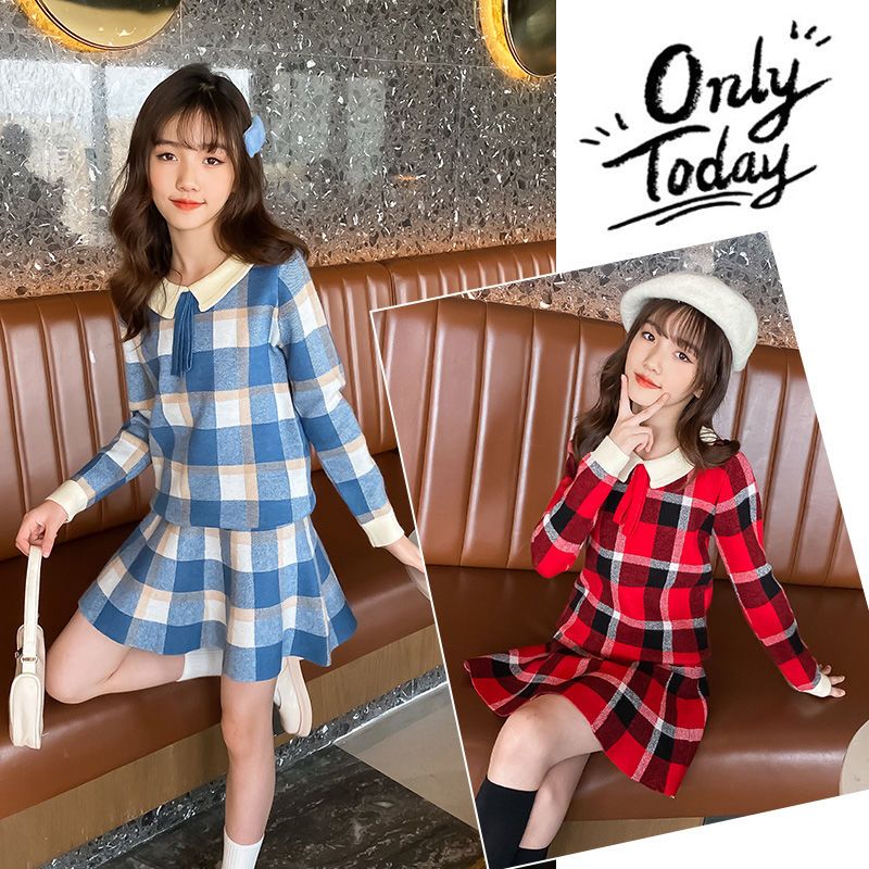 Girls' net red suit skirt new Korean version of foreign style spring and autumn fashionable big children's knitted sweater cardigan two-piece set
