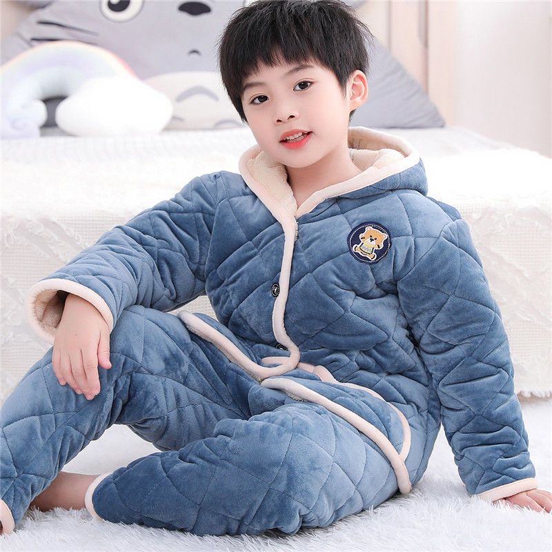 冬季儿童睡衣珊瑚绒套装加厚夹棉法兰绒男童小孩中大童宝宝家居服